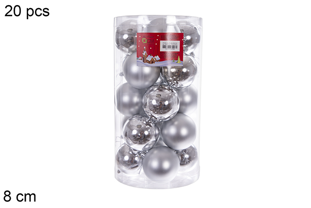 Pack 20 bolas plata brillo/mate cilindro 8 cm