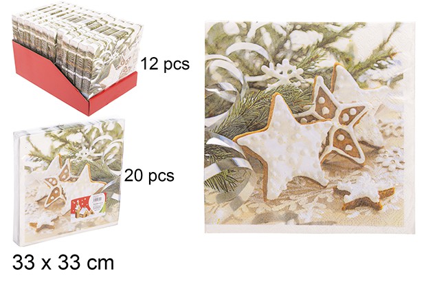 Pack 20 serviettes papier décoration étoile 33 cm