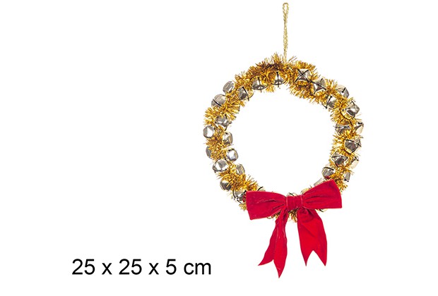 Corona cascabeles con espumillón oro y lazo rojo Navidad 25 cm