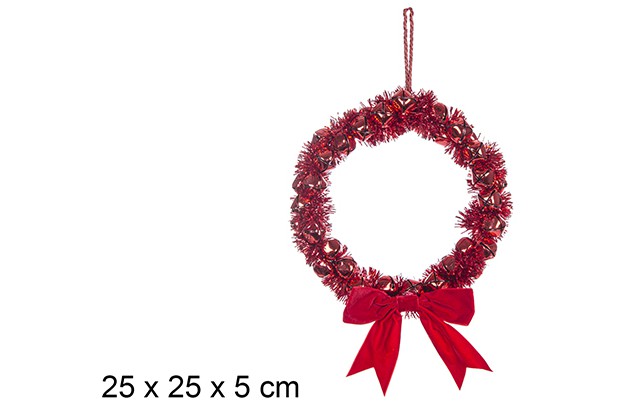 Corona cascabeles con espumillón roja y lazo rojo Navidad 25 cm