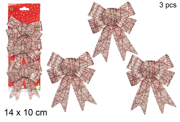 Pack 3 lazos tela saco decorado rayas rojas 14x10 cm
