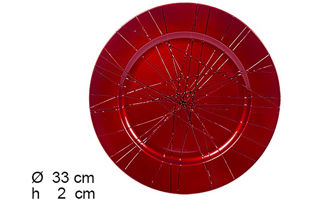 Bajo plato rojo brillo decorado hilos 33 cm