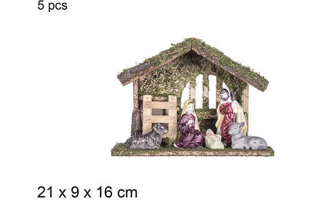 Nacimiento 5 piezas pesebre madera 21x9 cm