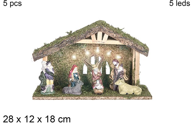 Nacimiento 5 piezas pesebre madera con 5 LED 28x12x18 cm