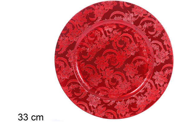 Plato redondo decorado flores rojo 33 cm