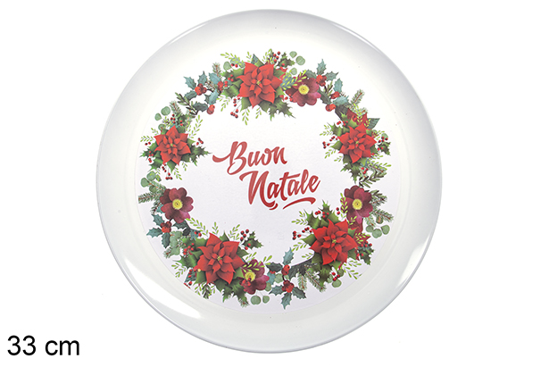 [109688] Assiette ronde crème bords rennes décorée assortiment Noël 33 cm
