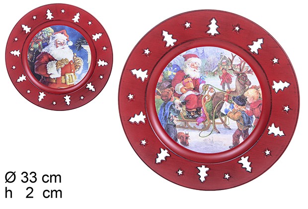 Piatto tondo albero decorato bordo rosso assortimento natalizio 33 cm
