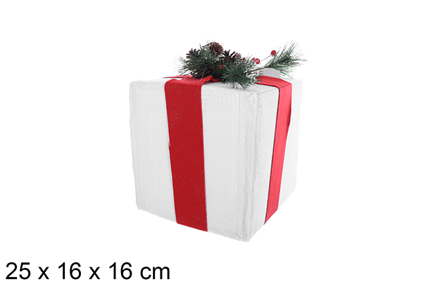 Paquet cadeau en polystyrène blanc avec noeud rouge et branche verte 25x16 cm