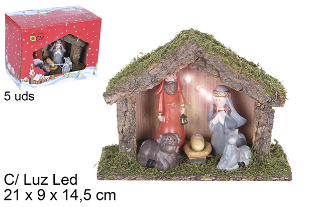 Birth 5 pieces wooden manger with LED light 21x9x14,5 cm