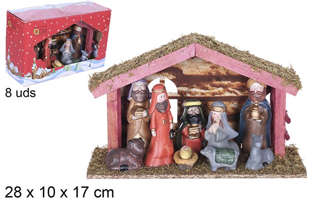 Nacimiento 5 piezas pesebre madera 28x10x17 cm