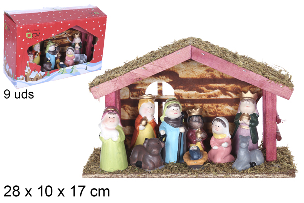 [109275] Presepe, 9 pezzi, mangiatoia in legno, 28x10x17 cm