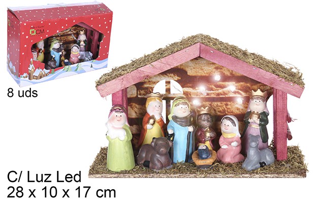 Nacimiento 5 piezas pesebre madera con luz LED 28x10x17 cm