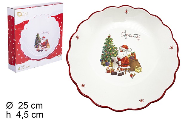 Vassoio natalizio tondo in ceramica decorato con Babbo Natale 25 cm