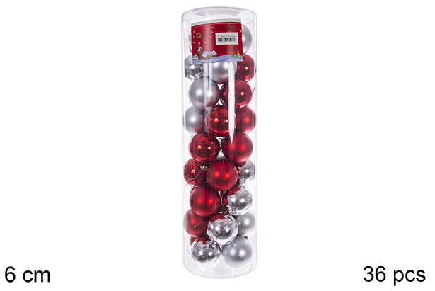 Pack 36 palline rosse/argento lucide/opache cilindro 6 cm