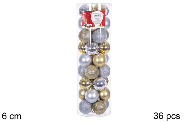 Pack 36 bolas ouro/prata brilhantes/foscas/glitter cilindro 6 cm
