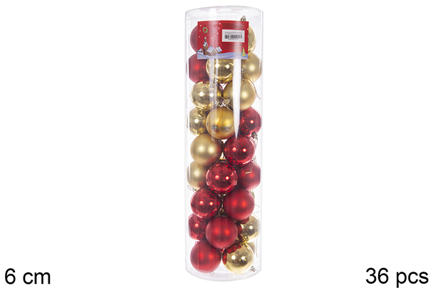 Pack 36 bolas rojo/oro surtidas brillo/mate cilindro 6 cm