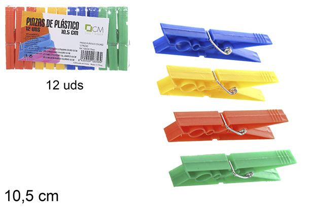 [108358] Pack 12 pinces en plastique colorées 10,5 cm