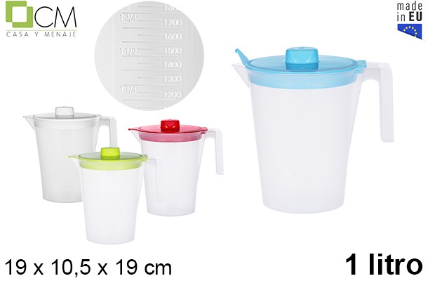 [102812] Jarra de plástico medidora con tapa colores surtidos 1 l.