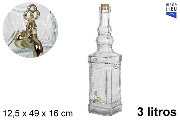 Botella cristal cuadrada natural tapón corcho con grifo 3 l.