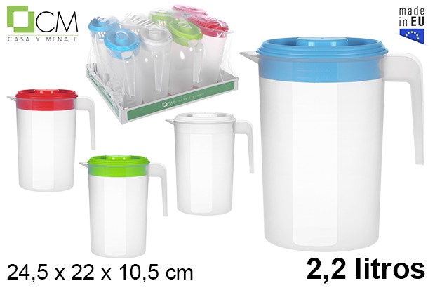 Pichet ovale en plastique avec couvercle couleurs assorties 2,2 l.