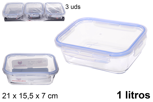 Fiambrera cristal rectangular tapa hermética 1 l.