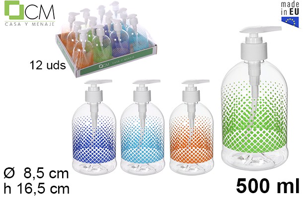Botella con dosificador para gel decorado cuadrados 500 ml