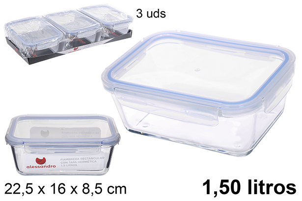 Fiambrera cristal rectangular tapa hermética 1,5 l.