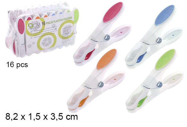 [108681] Pack 16 pinzas plástico colores opaco 8,2 cm
