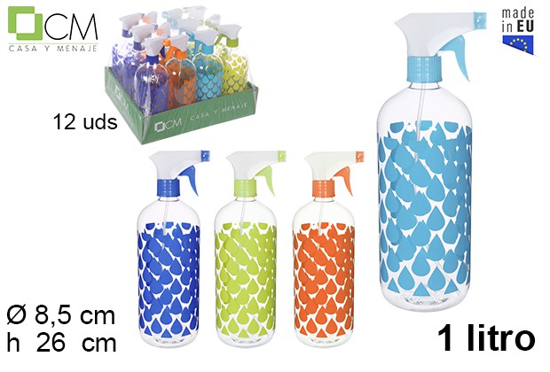 Bottiglia in plastica decorata con gocce con spruzzatore 1 l.