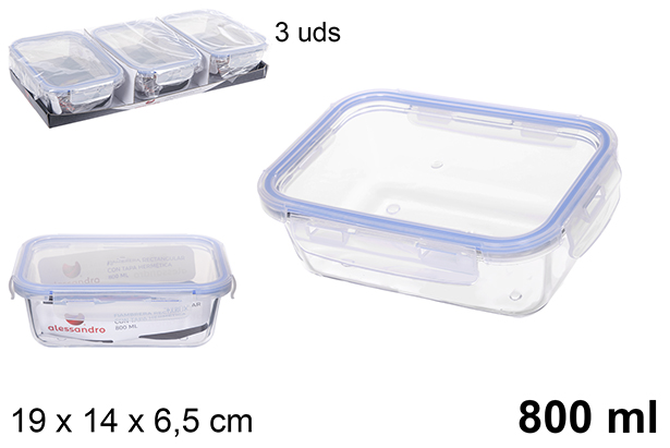 Fiambrera cristal rectangular tapa hermética 800 ml