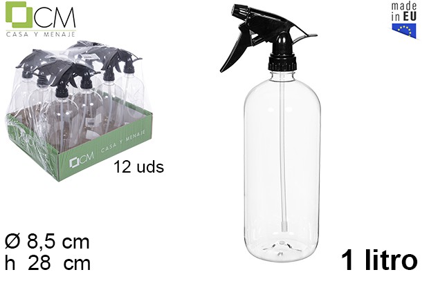 Garrafa de plástico redondo com pulverizador preto 1 l.