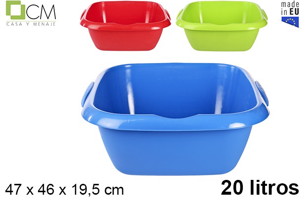 Squared plastic basin with handle assorted colors 20 l.