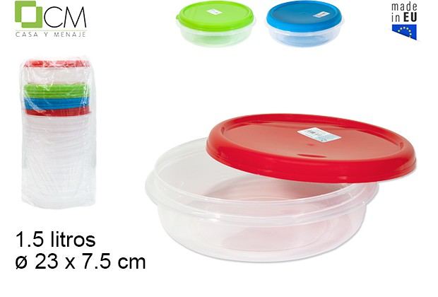 Boîte à lunch ronde avec couvercle couleurs assorties 1,5 l.