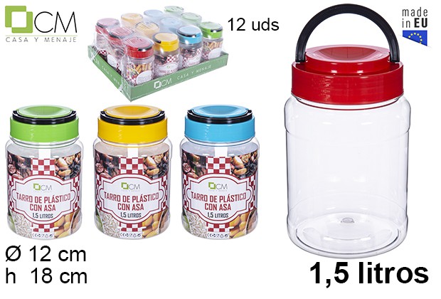 Tarro plástico transparente con asa 1,5 l.