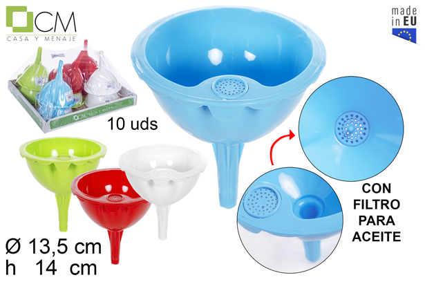 [110240] Entonnoir en plastique avec filtre couleurs assorties 12 cm