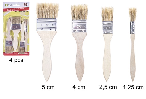 Pack 4 pincéis de pintor com cabelos naturais de tamanhos variados