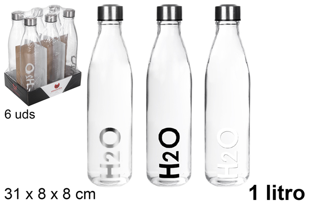 [109284] Borraccia in vetro trasparente decorato H2O 1 litri