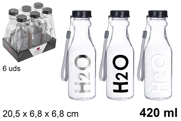 Bouteille d'eau en verre transparent décorée H2O 420 ml