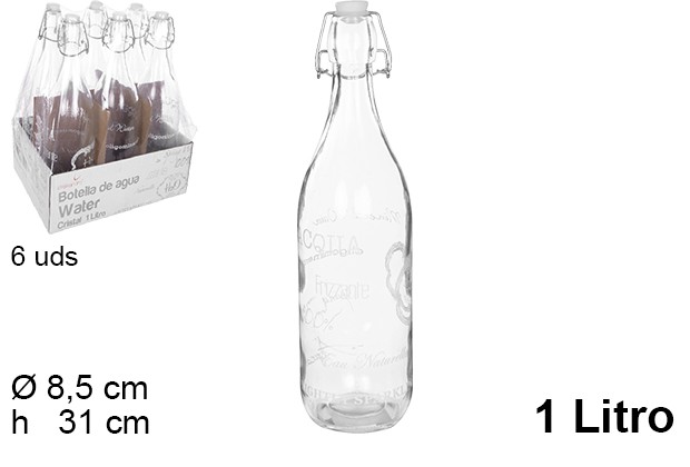 [109181] Botella cristal agua decorada water tapón gaseosa 1 litro