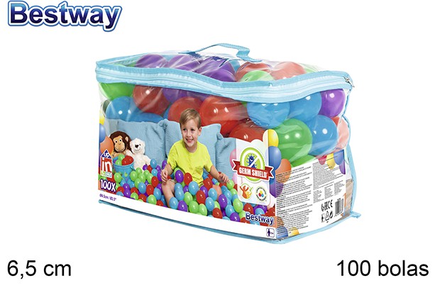 Bolsa 100 bolas de colores con escudo anti-bacteria 6,5 cm