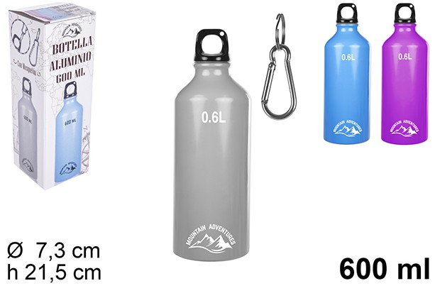 [108729] Garrafa de alumínio colorida e mosquetão 600 ml