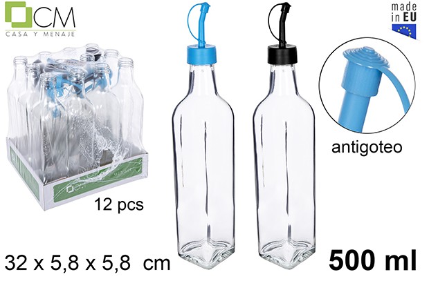 Squared glass cruet decorated blue/black with no-drip stopper 500 ml