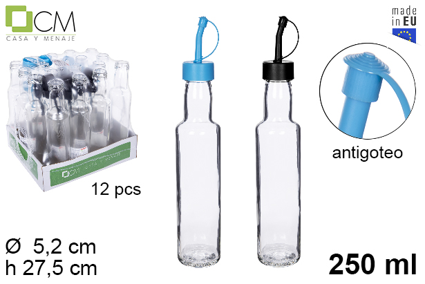 Galheteiro redondo de vidro com rolha anti gotejamen azul/preta 250 ml