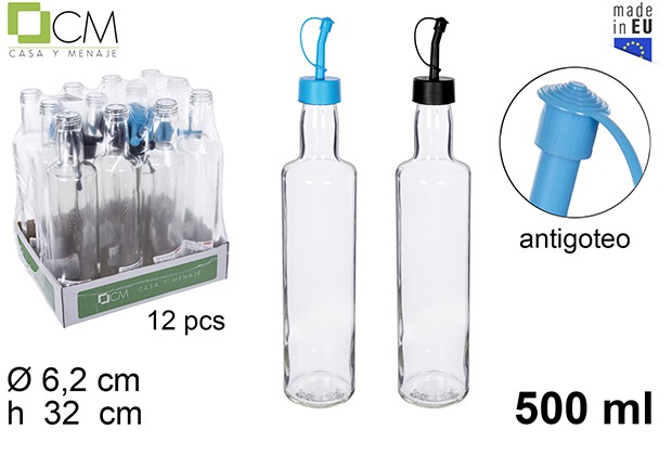 Round glass oil cruet with blue/black no-drip stopper 500 ml