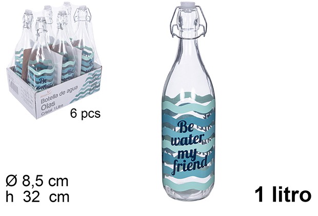 [109182] Botella cristal agua decorada olas tapón gaseosa 1 litro
