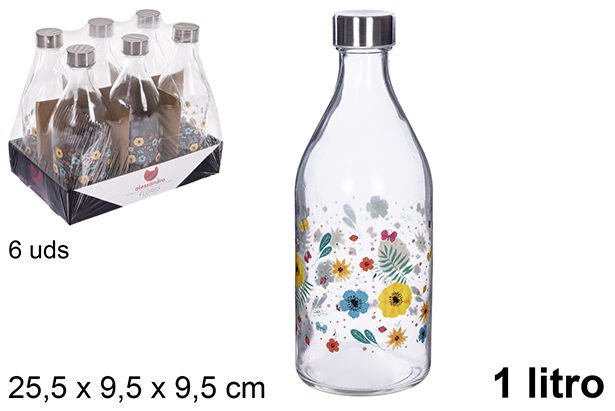 Borraccia in vetro decorata con fiori, coperchio in acciaio 1 l.