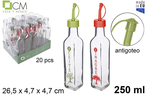 Aceitera/vinajera cristal cuadrada decorada verde/rojo tapón antigoteo 250 ml
