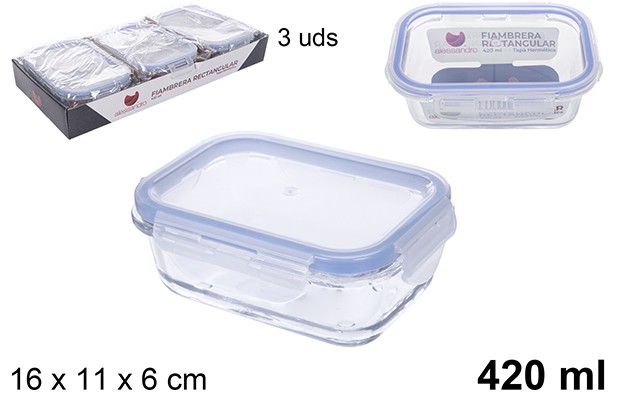 Portapranzo rettangolare in vetro con coperchio ermetico 420 ml