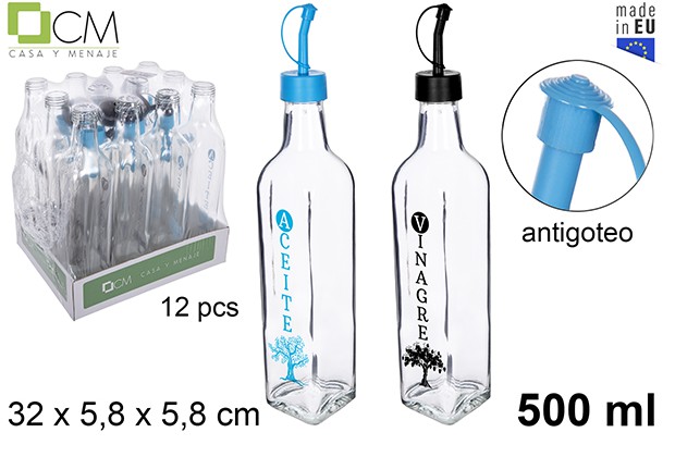 Squared glass cruet decorated blue/black leaves with no-drip stopper 500 ml