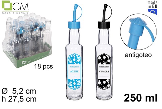 Round glass cruet decorated blue/black leaves with no-drip stopper 250 ml